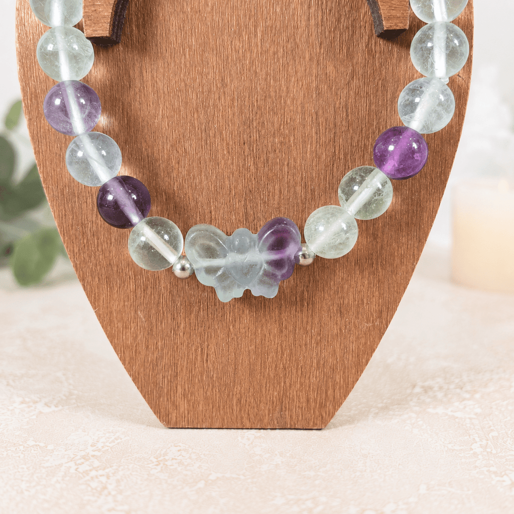 8mm Fluorite Butterfly Charm Gemstone Bracelet