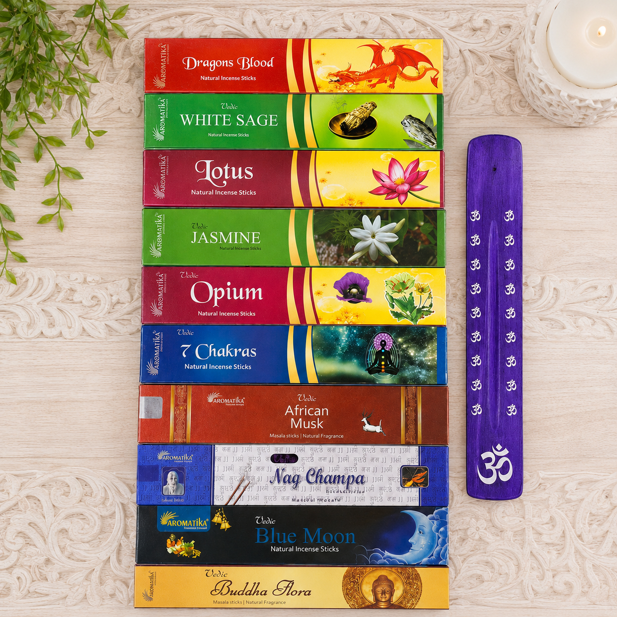 10 Incense Boxes & Bonus Purple Om Incense Holder