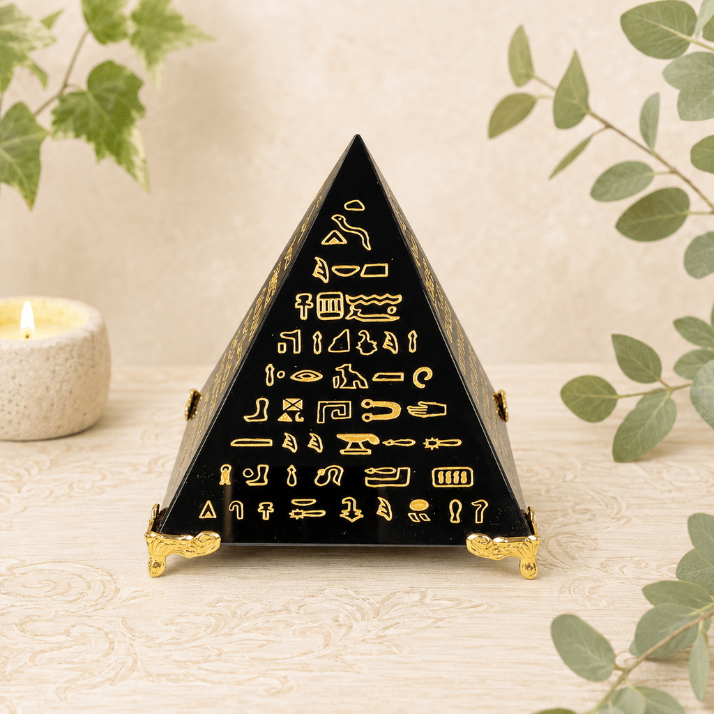 10cm Large Gold Egyptian Print on Obsidian Pyramid