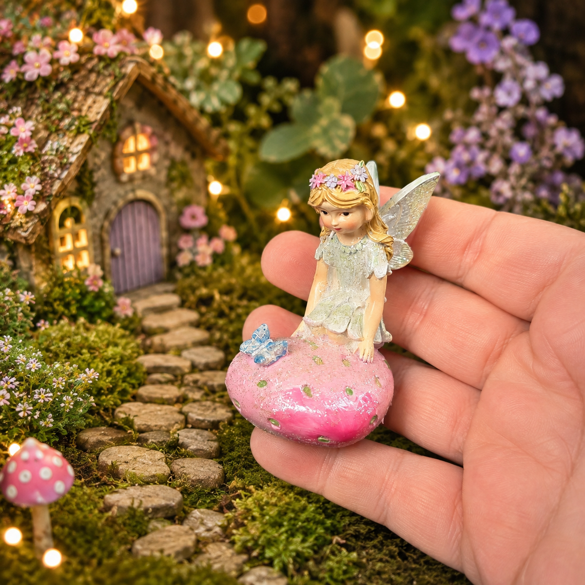 7cm Green Fairy Kneeling on Mushroom