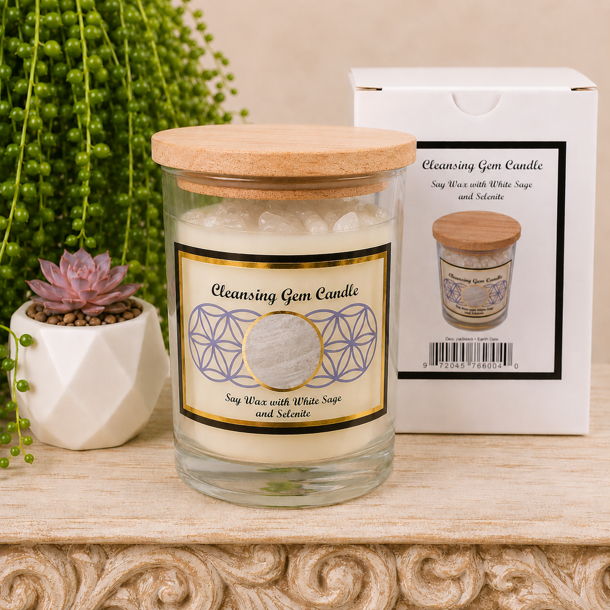 Cleansing - Selenite & White Sage Soy Wax Candle