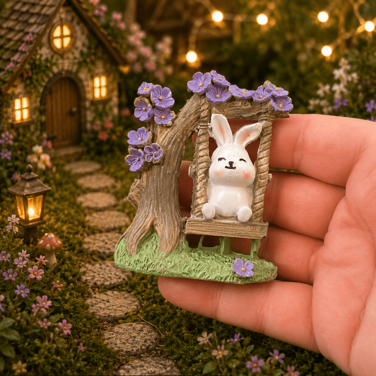7cm Bunny with Purple Flowers on Swing