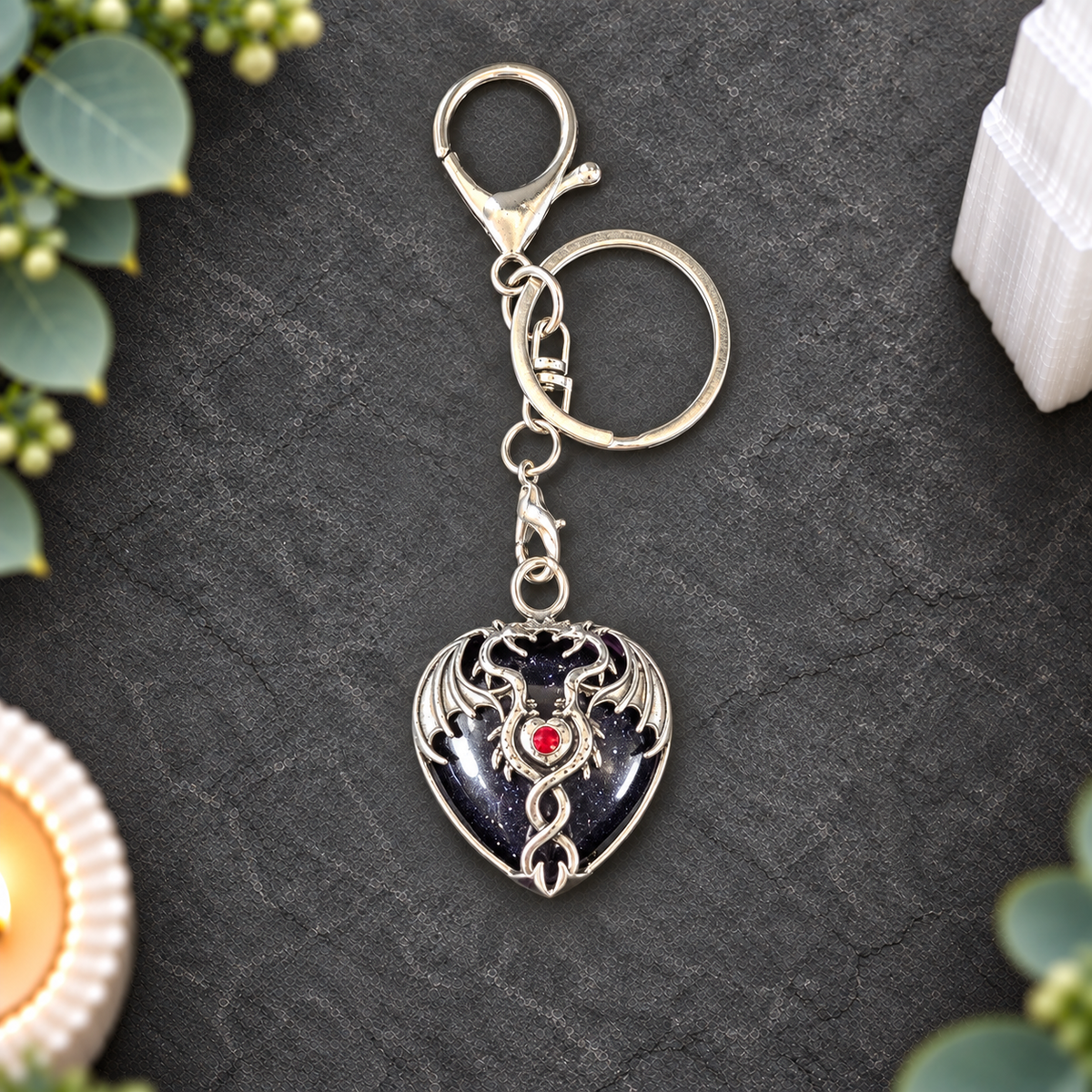 Blue Goldstone Dragon Heart Keyring