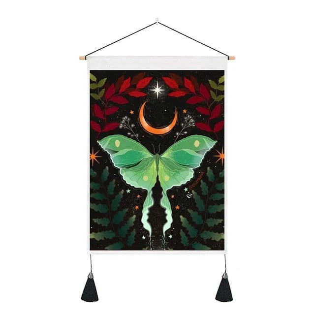 Luna Moth on Black Banner with Red Leaves