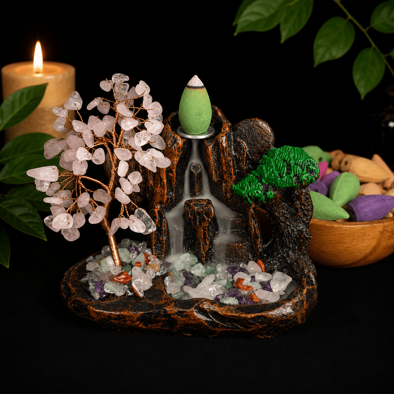 Rose Quartz Chip Waterfall Backflow Incense Burner & 40 Cones