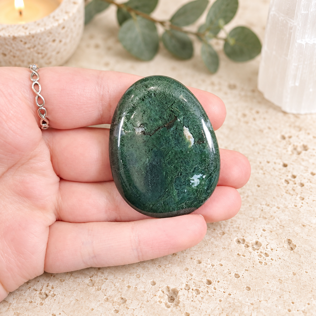 Moss Agate Oval Shape Worry Stone (Thumb Stone)