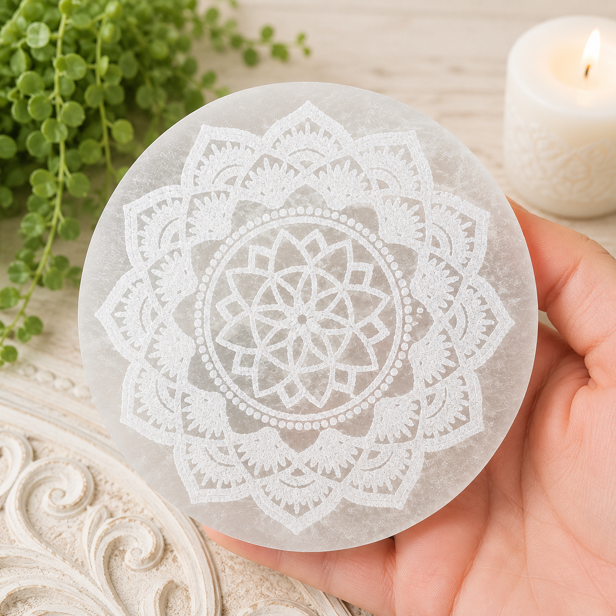 10cm Mandala Selenite Plate with Stand