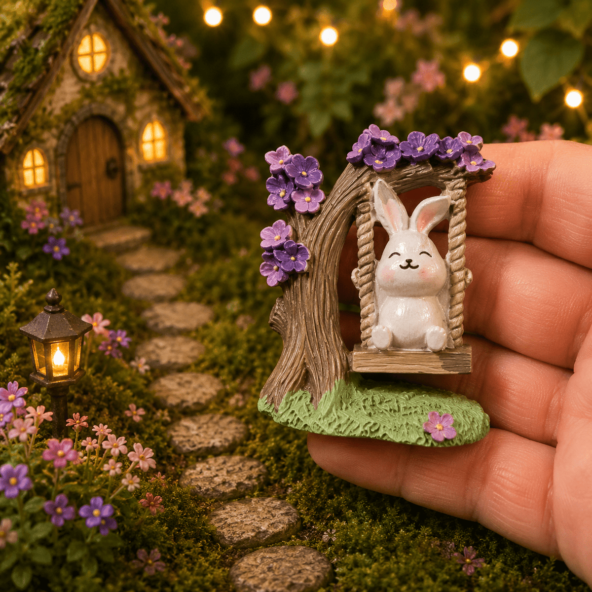 7cm Bunny with Purple & Pink Flowers on Swing