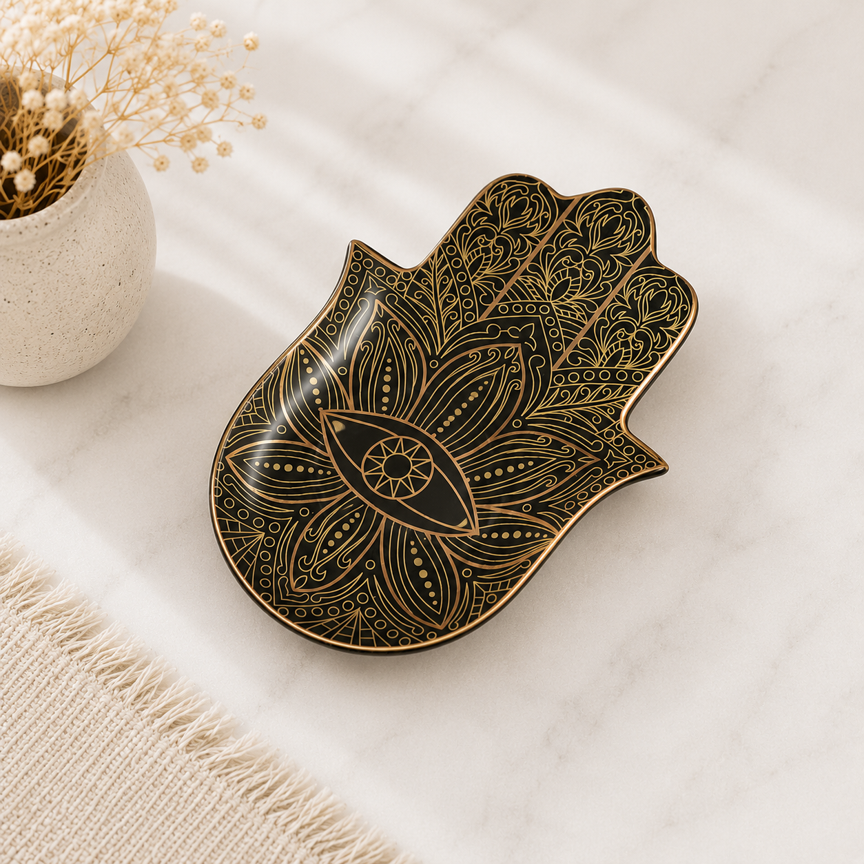 16cm Black & Gold Hamsa Ceramic Trinket Dish