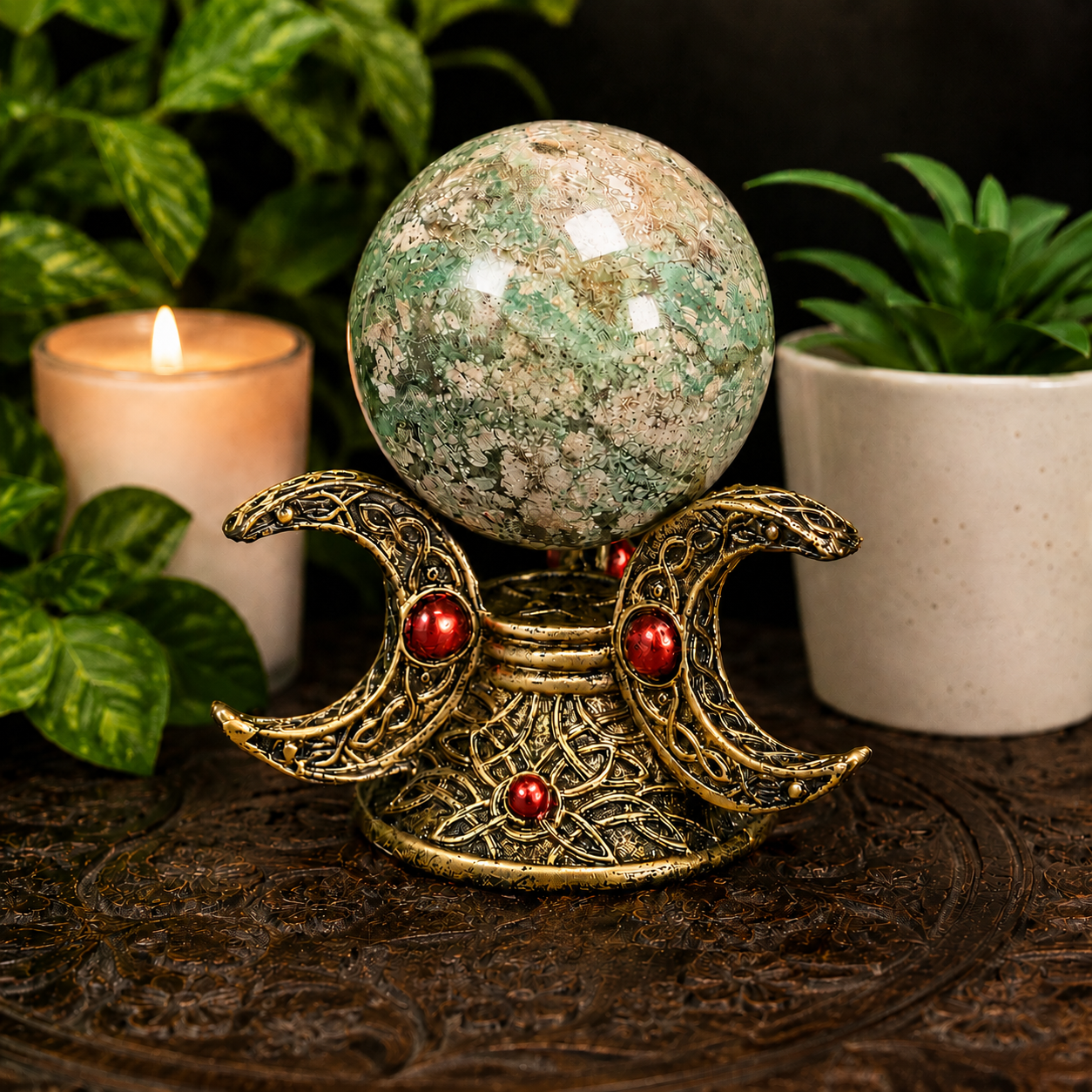 Gold Triple Moon Sphere Stand with Red Detail