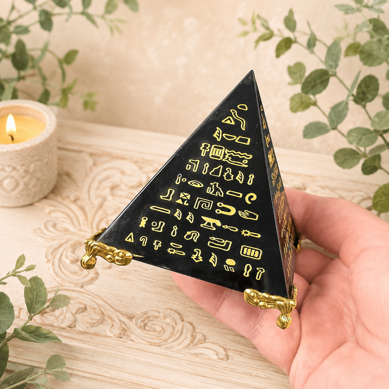 8cm Medium Gold Egyptian Print on Obsidian Pyramid