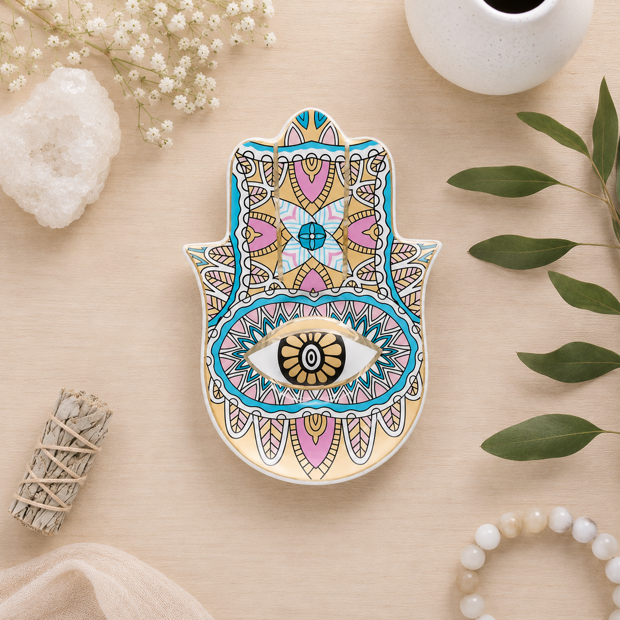 16cm Yellow & Gold Hamsa Ceramic Trinket Dish