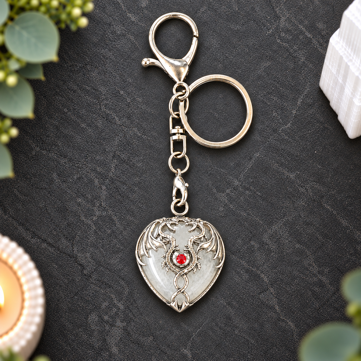 Clear Quartz Dragon Heart Keyring
