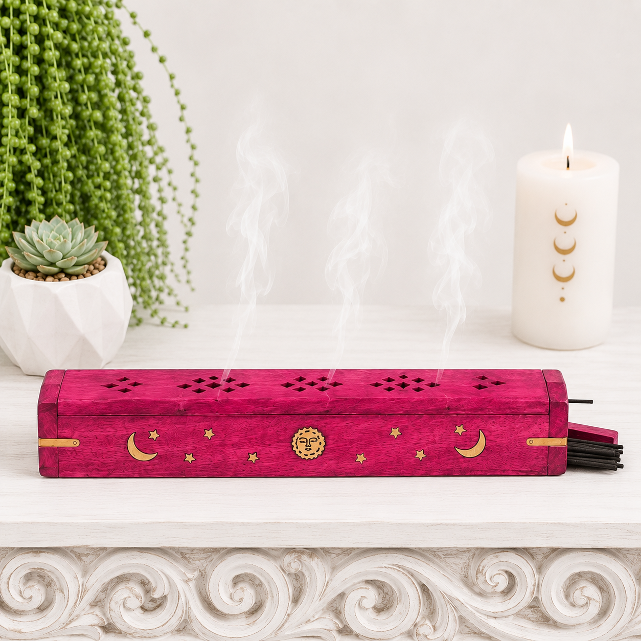 30.5cm Hot Pink Sun & Moon Wooden Incense Stick & Cone Burner