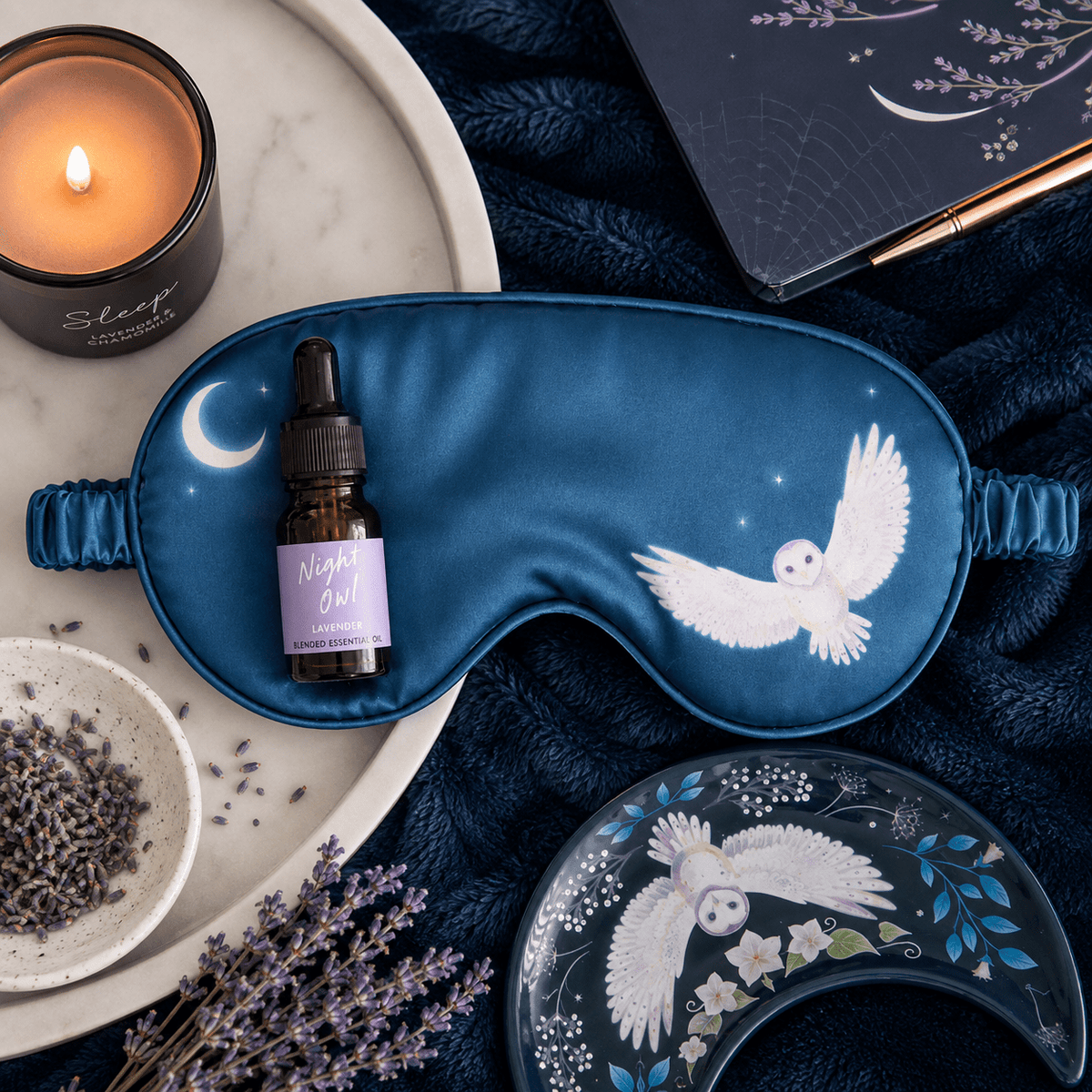 Night Owl Sleep Mask and Lavender Essential Oil Gift Set
