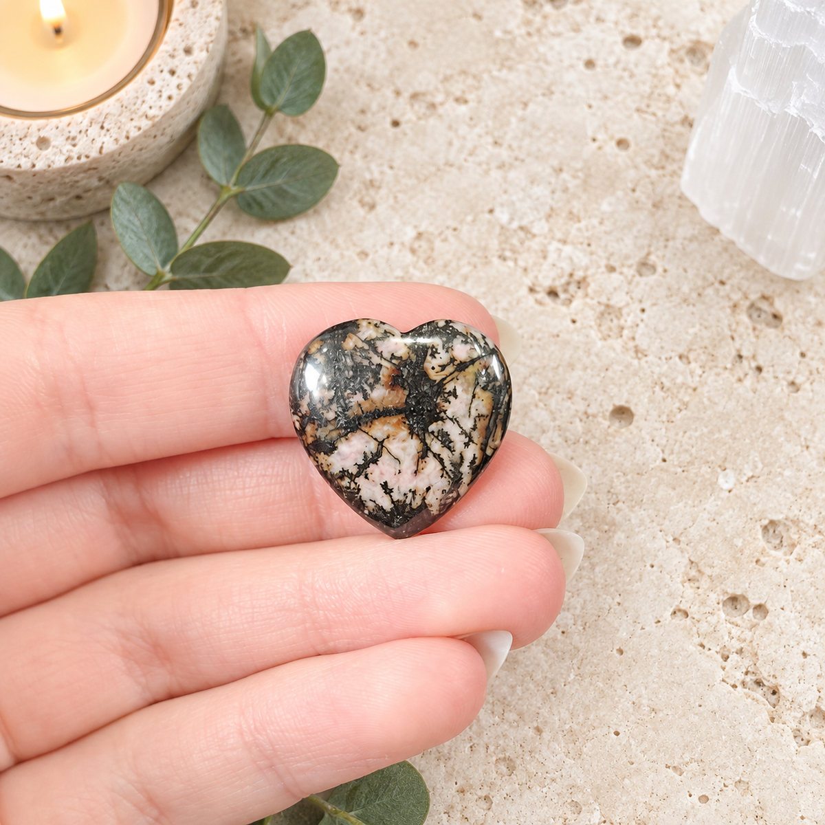 Black Line Rhodonite 2cm Gemstone Heart