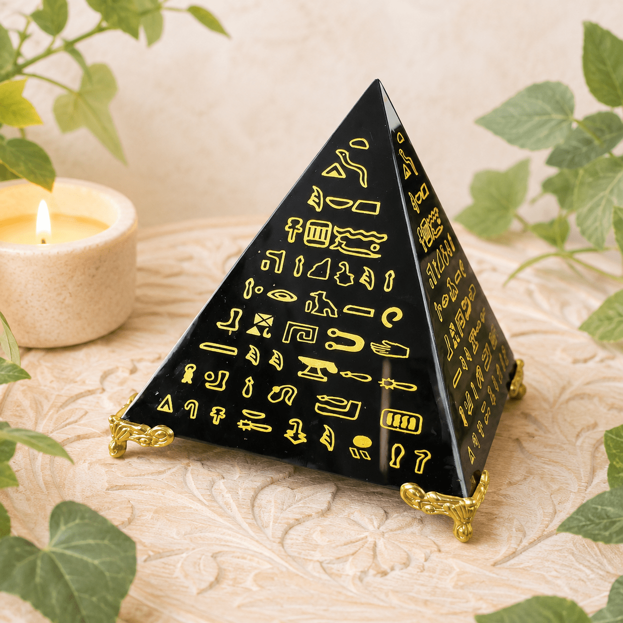10cm Large Gold Egyptian Print on Obsidian Pyramid