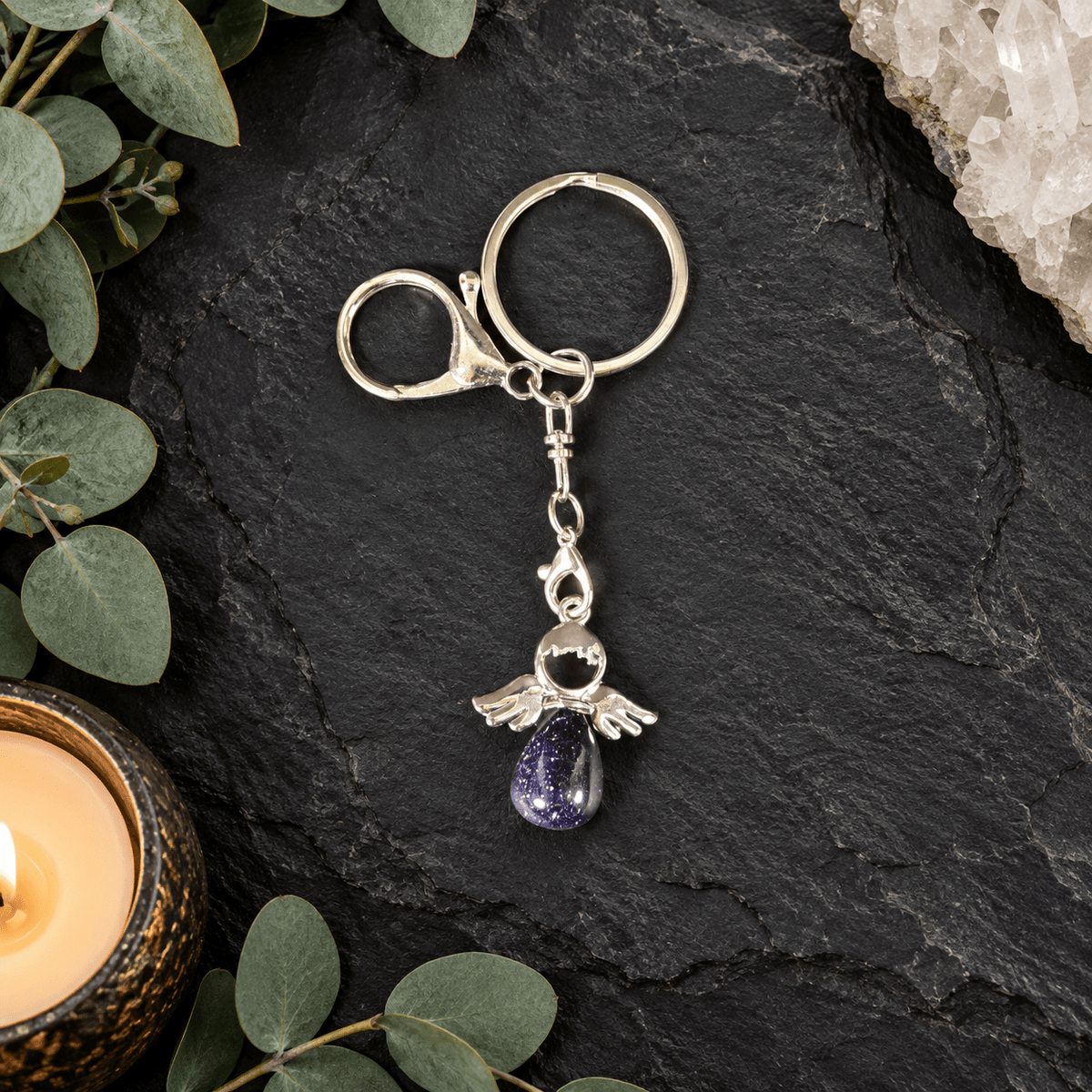 Blue Goldstone Angel Gemstone Keyring