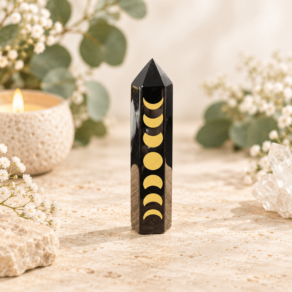 102g Gold Moon Phase Print on Black Obsidian Tower