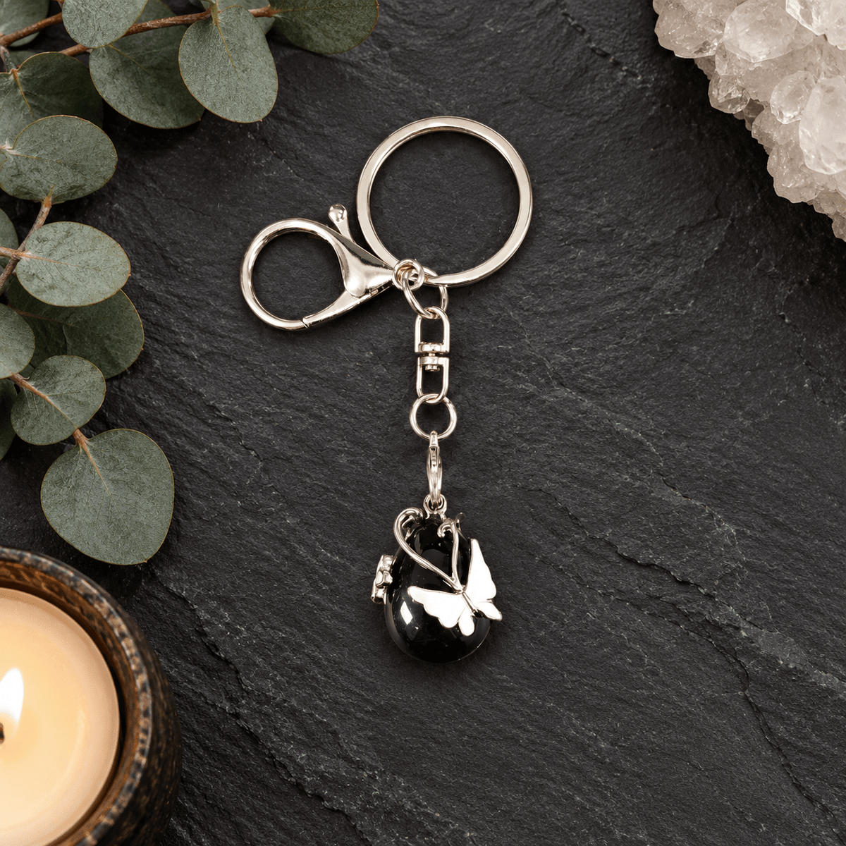 Black Obsidian Butterfly Teardrop Gemstone Keyring