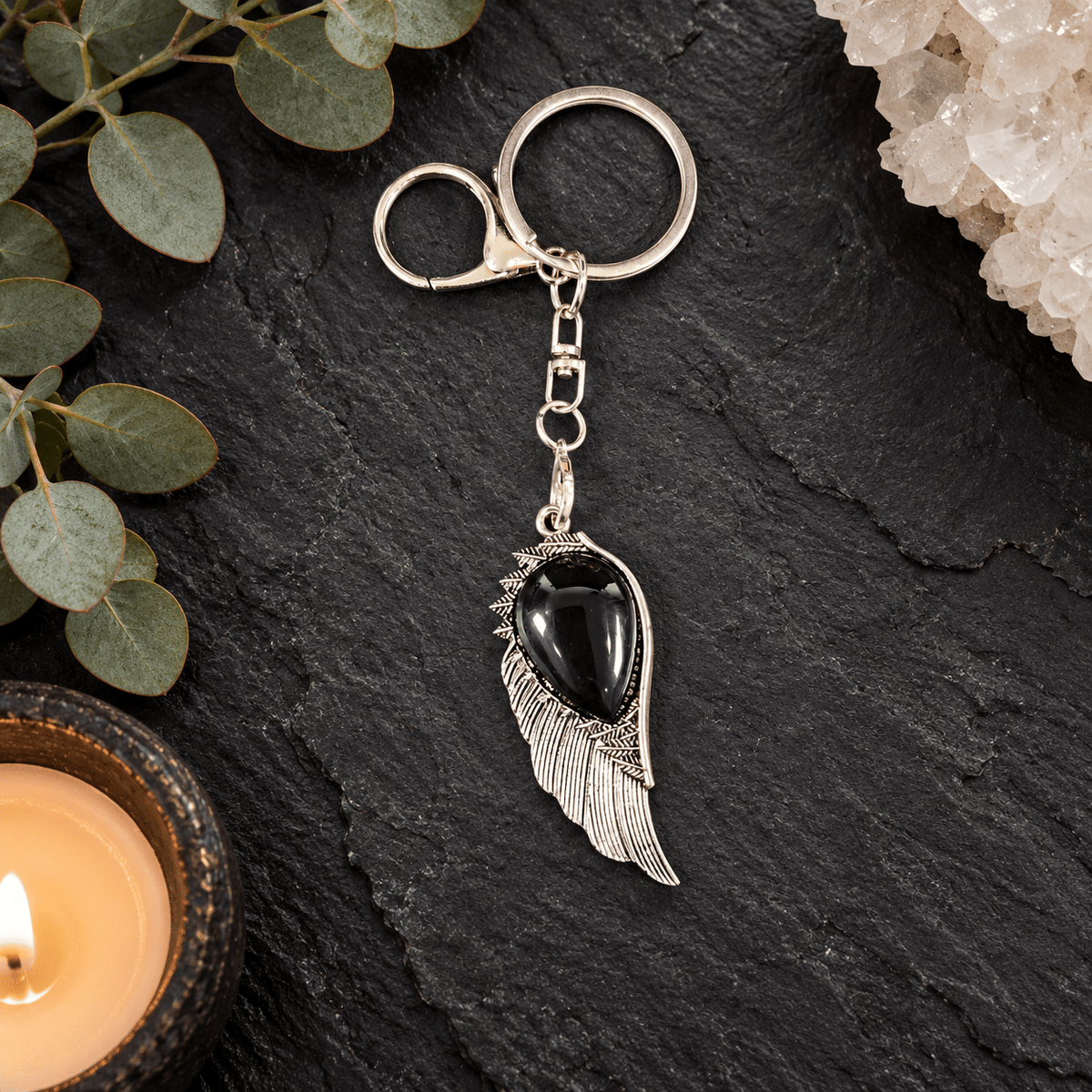 Black Obsidian Angel Wing Gemstone Keyring