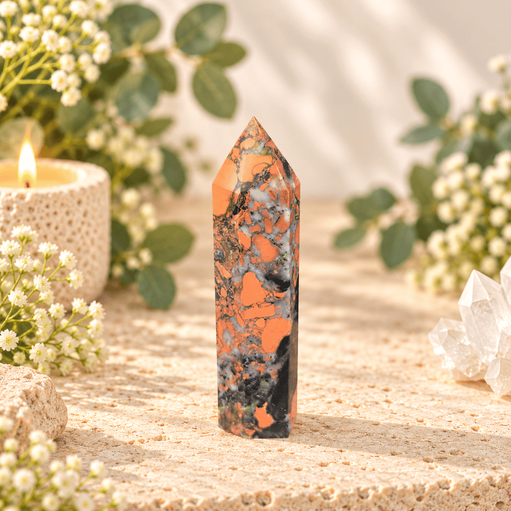 109g Brecciated Red Jasper with Crystalline Quartz Tower