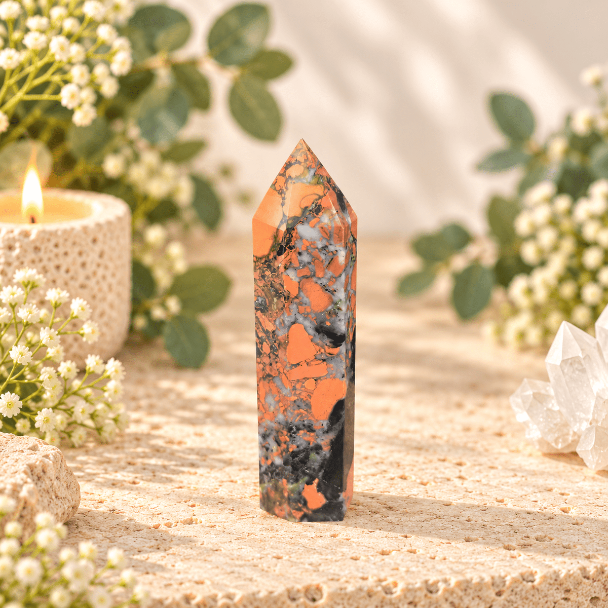 109g Brecciated Red Jasper with Crystalline Quartz Tower