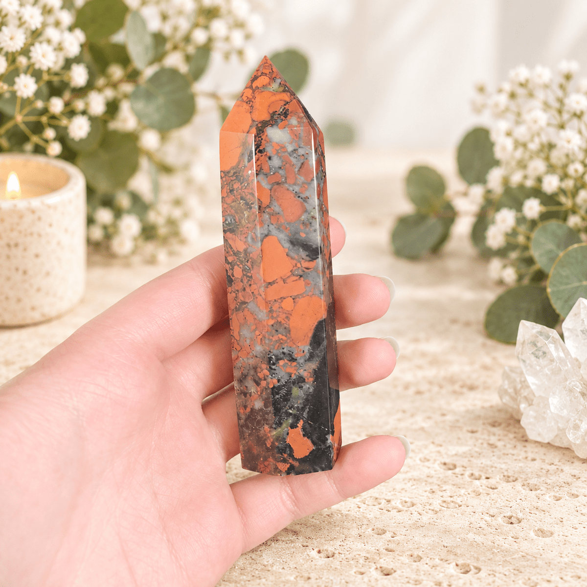 109g Brecciated Red Jasper with Crystalline Quartz Tower