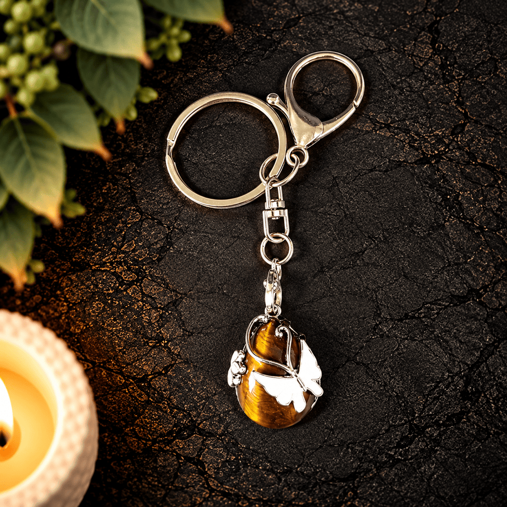 Tiger Eye Butterfly Teardrop Gemstone Keyring