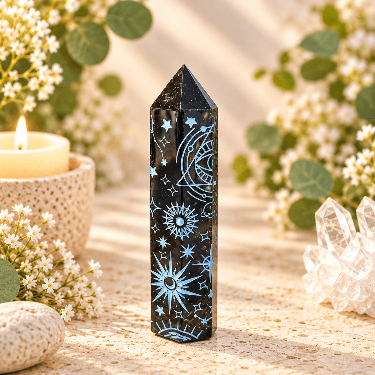 115g Light Blue Celestial Print Black Obsidian Tower
