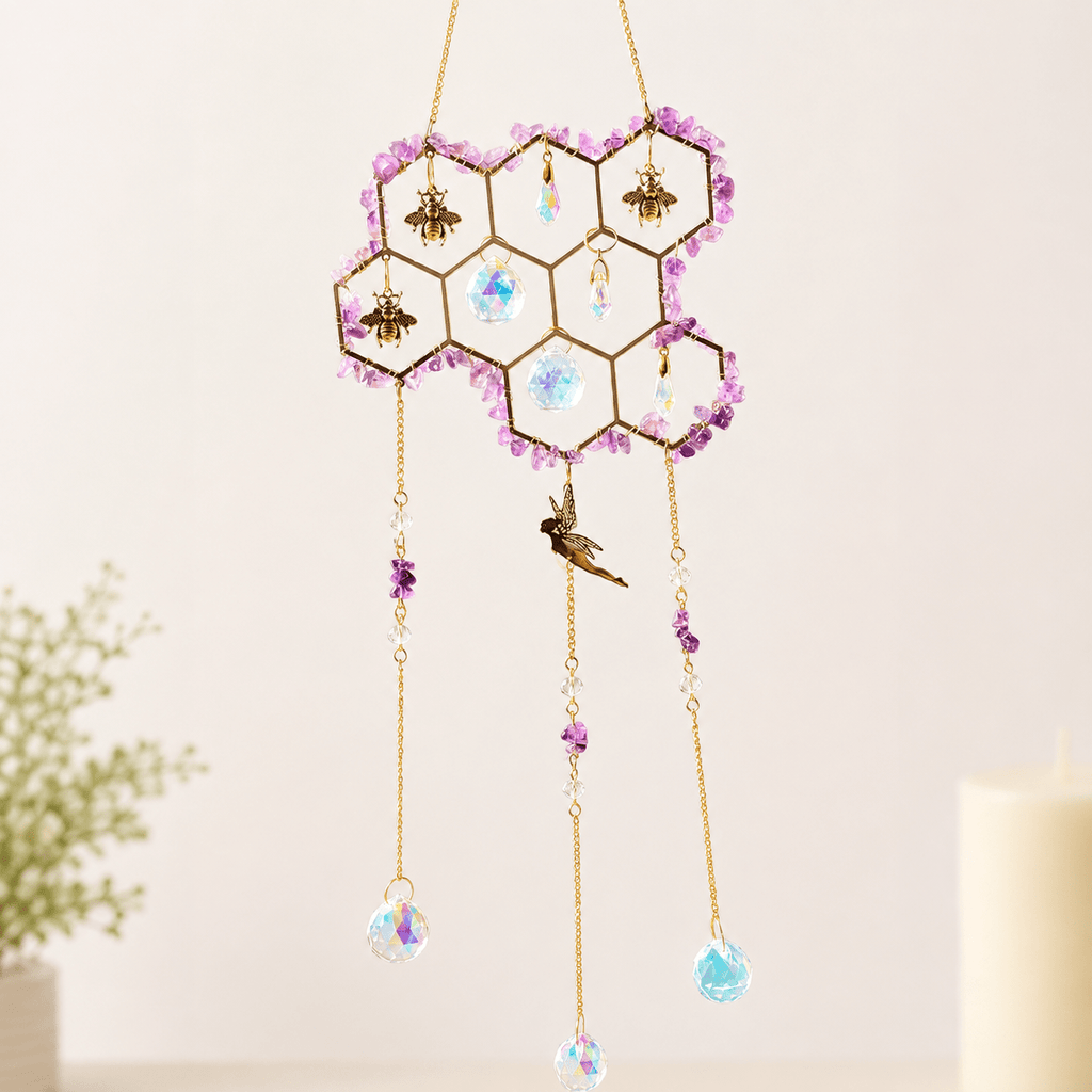 32cm Amethyst Honeycomb with Gold Bee Pendants & Fairy Suncatcher