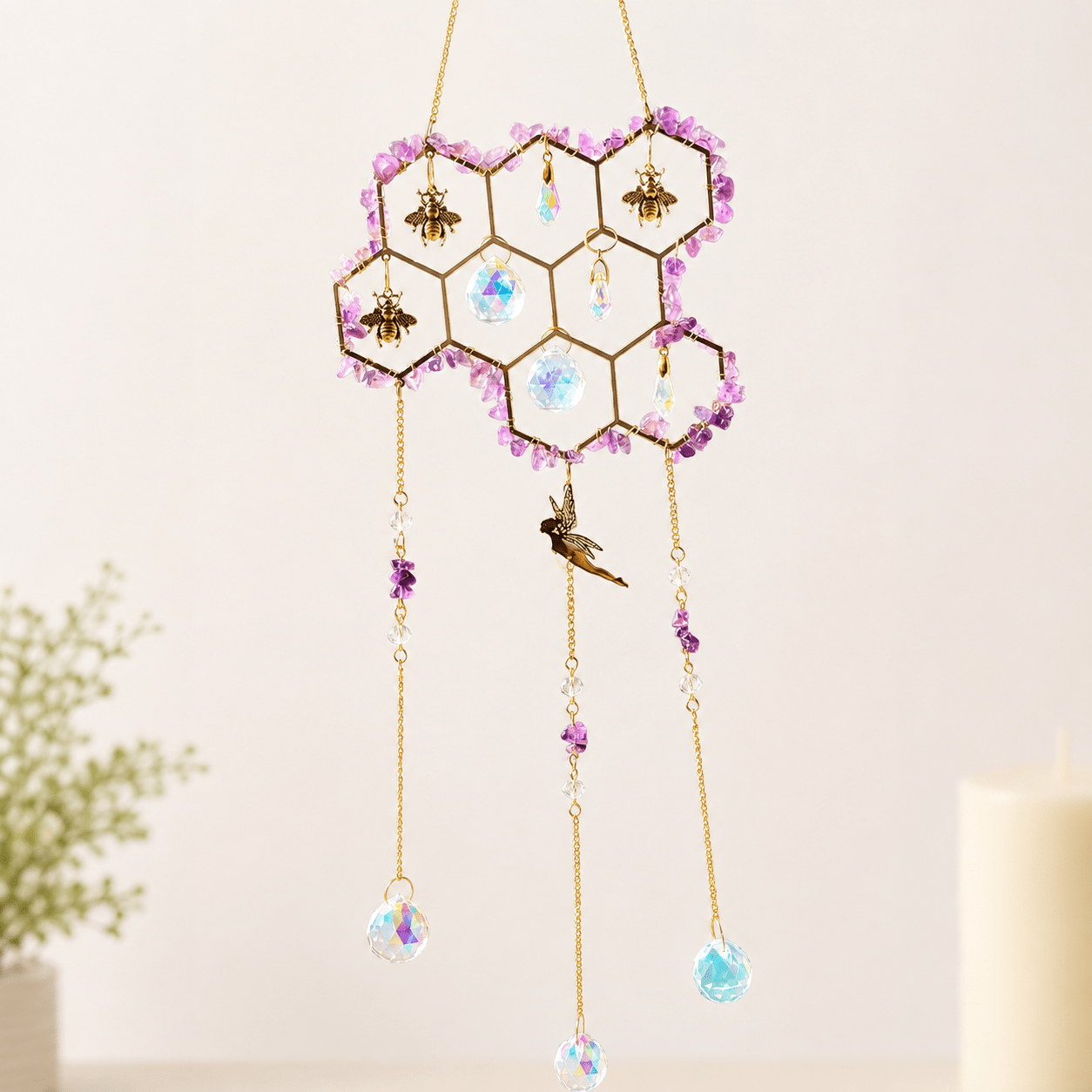 32cm Amethyst Honeycomb with Gold Bee Pendants & Fairy Suncatcher