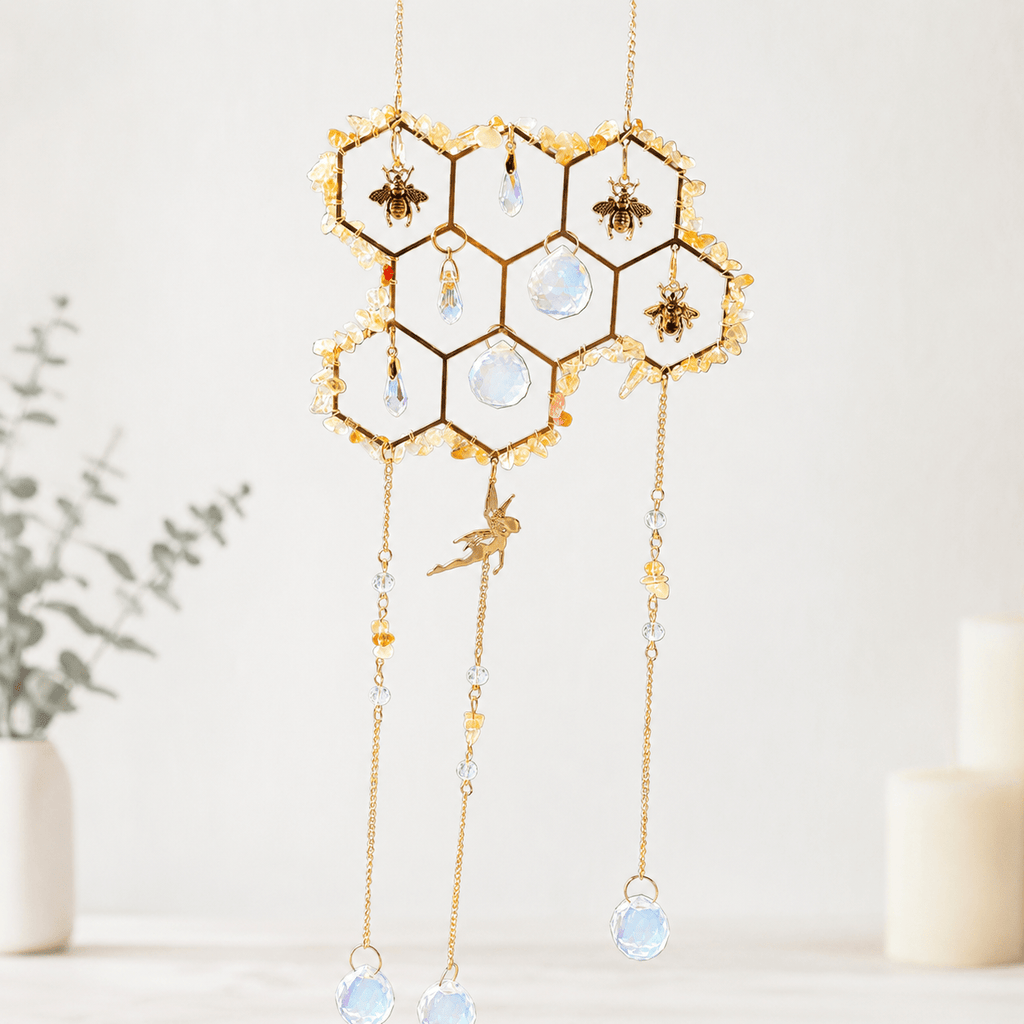 32cm Citrine Honeycomb with Gold Bee Pendants & Fairy Suncatcher