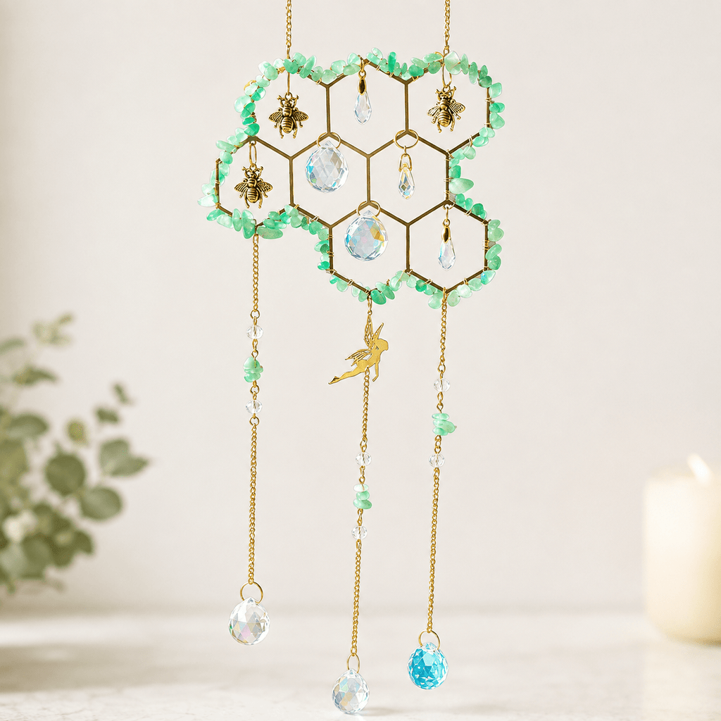 32cm Aventurine Honeycomb with Gold Bee Pendants & Fairy Suncatcher