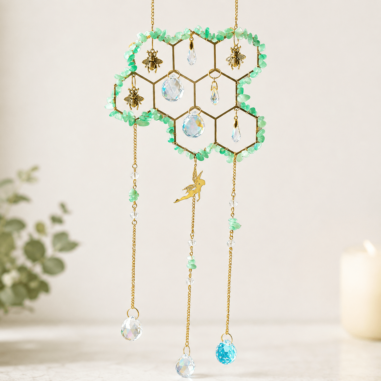 32cm Aventurine Honeycomb with Gold Bee Pendants & Fairy Suncatcher