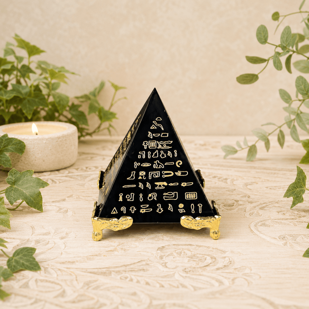 6cm Small Gold Egyptian Print on Obsidian Pyramid