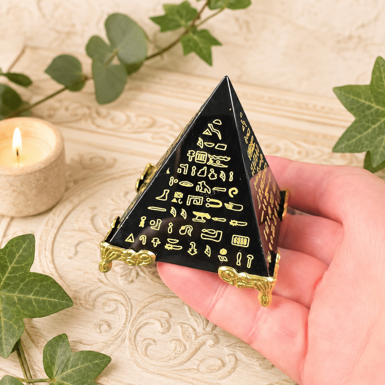 6cm Small Gold Egyptian Print on Obsidian Pyramid