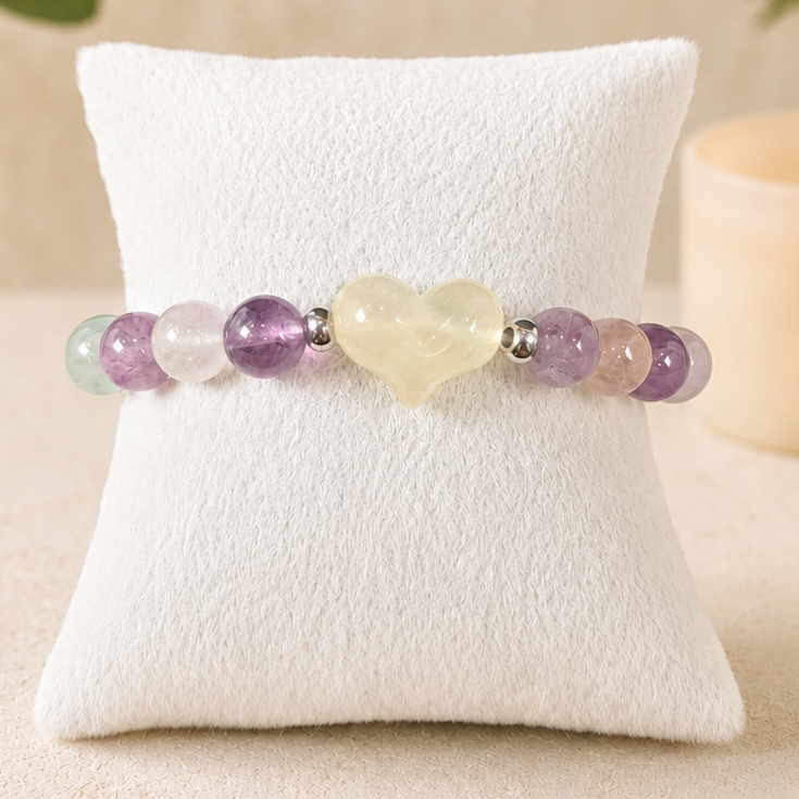 8mm Fluorite Puffy Heart Charm Gemstone Bracelet