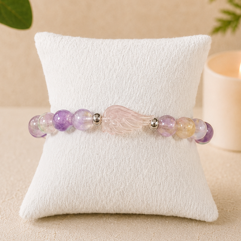 8mm Fluorite Angel Wing Charm Gemstone Bracelet