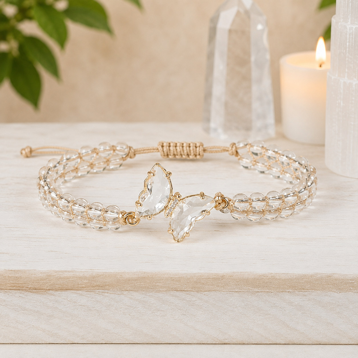 Clear Quartz Butterfly Adjustable Gemstone Bracelet