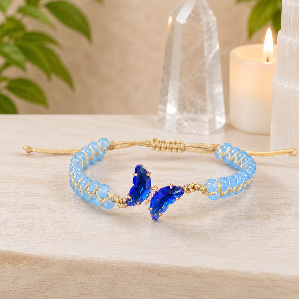 Light Blue Cats Eye Butterfly Adjustable Gemstone Bracelet