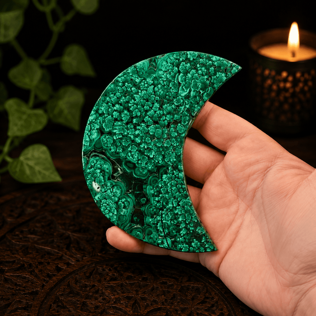 Malachite Moon on Gold Stand