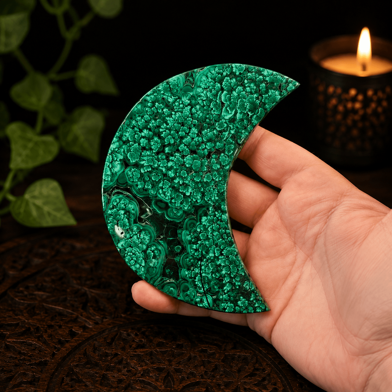 Malachite Moon on Gold Stand