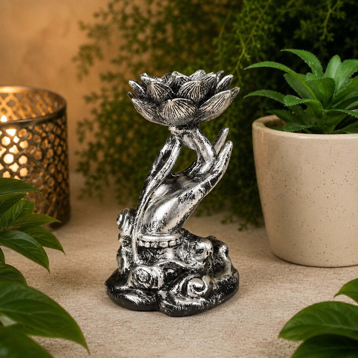 Silver Hand with Lotus Sphere Stand