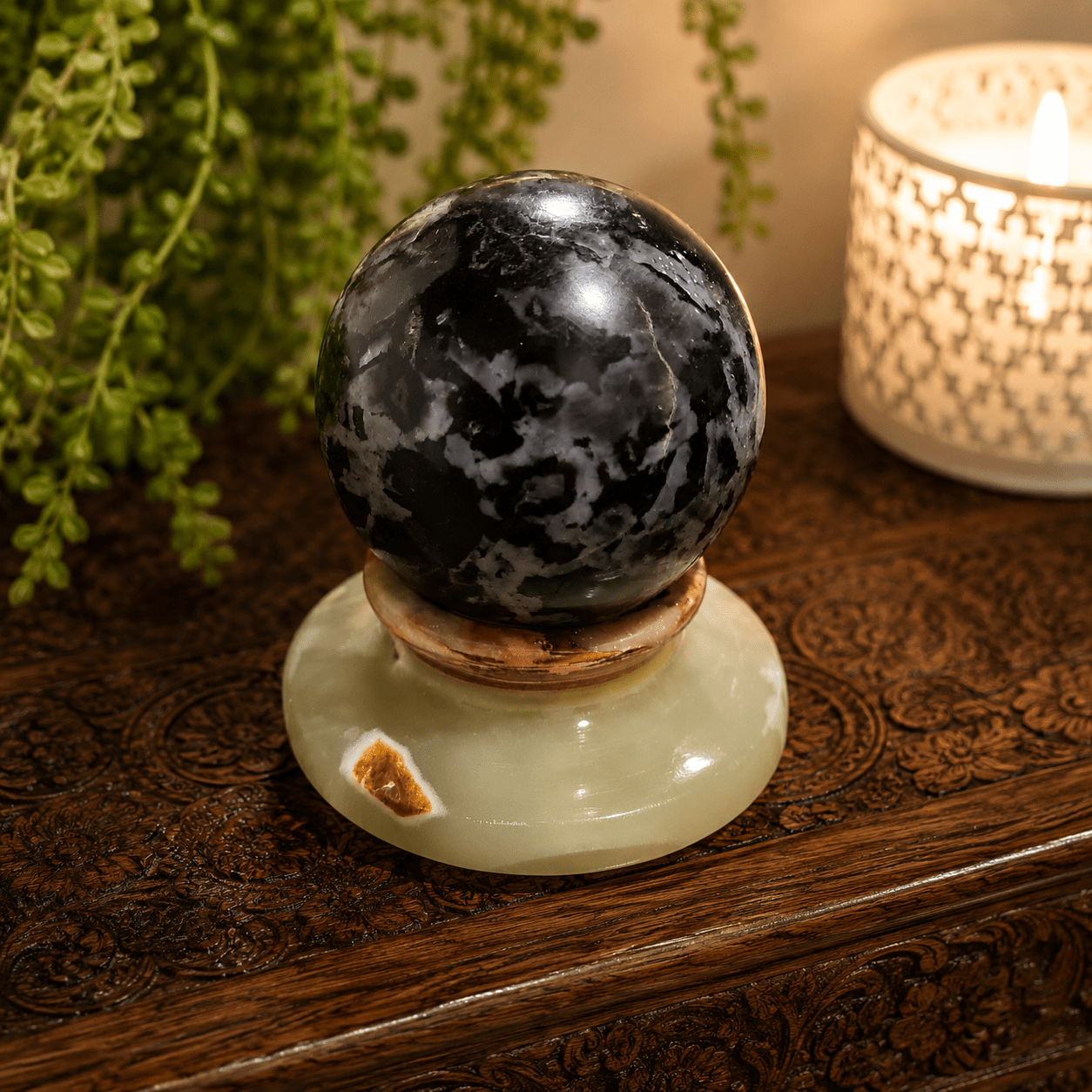 Green Banded Onyx Sphere Stand