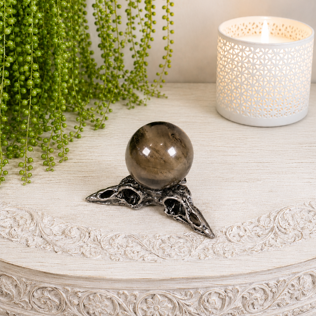 Silver Raven Skull Metal Sphere Stand