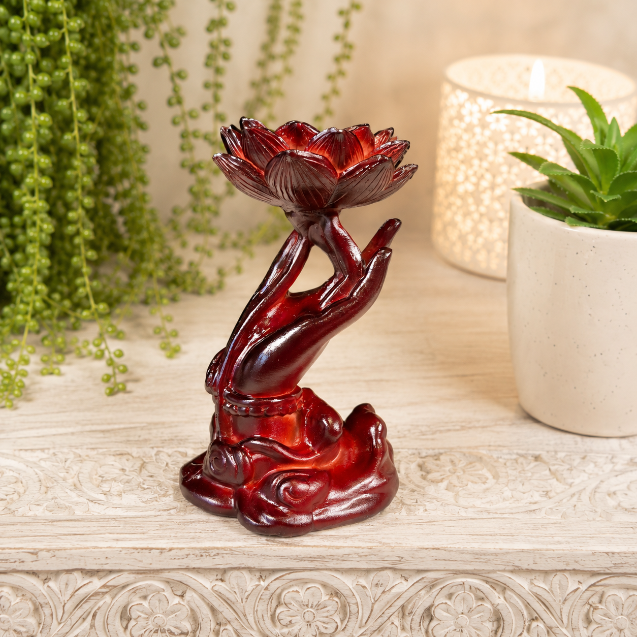 Dark Red Hand with Lotus Sphere Stand