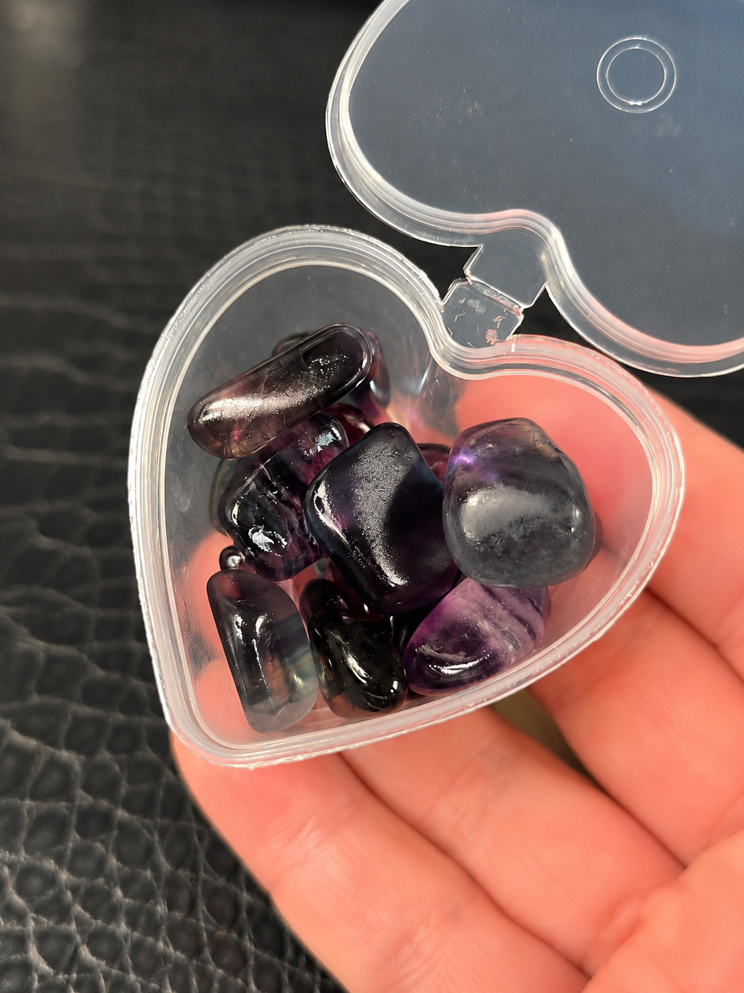 Fluorite Pebbles in Heart Container