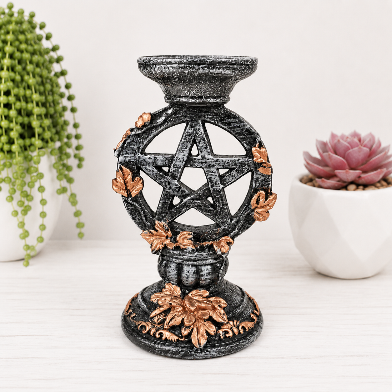 Green Leaf on Bronze Pentagram Sphere Stand