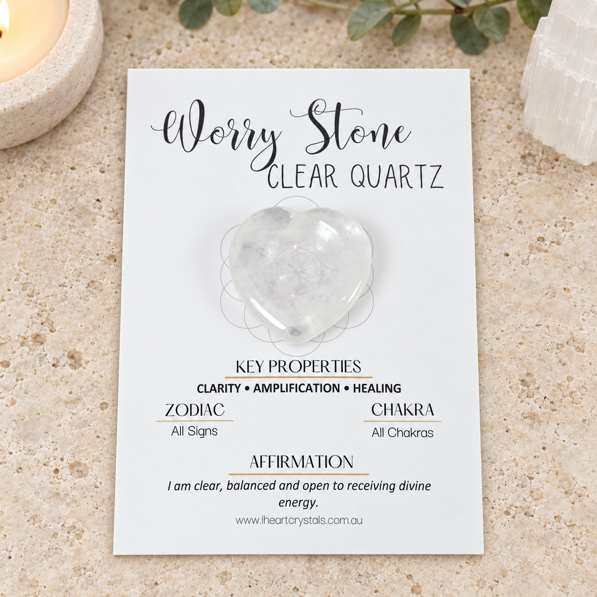 Clear Quartz Heart Shape Worry Stone (Thumb Stone)